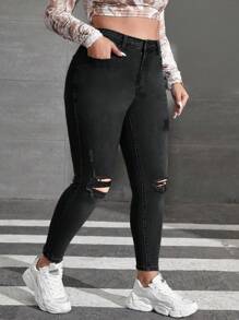 SHEIN ICON Jeans informales de talla grande para mujer con diseño de bolsillos desgastados y silueta ajustada - Azul lavado medio - Ver 4