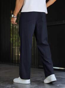 Manfinity Homme 男士简约前扣口袋休闲长裤，日常穿着，秋季 - 藏蓝色 - 查看 2