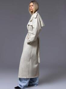 MUSERA PU Leather Lapel Collar Buckle Belted Trench Coat - Apricot - View 2