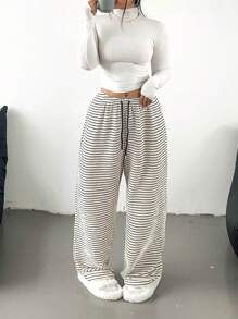 Flirla Quần sọc buộc dây phía trước đa năng thường ngày cỡ lớn, mặc hàng ngày - Màu be - Xem 1