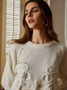 Aveloria Rosie Áo len dài tay dáng rộng, cổ tròn, kiểu Pháp, tay dài, thêu tay thủ công, đính ngọc trai giả và sequin, thích hợp cho mùa thu đông. - trắng - Xem 2