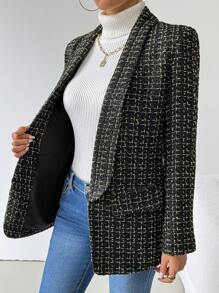 Chiquease 女士优雅格子有领西装外套，长袖，适合通勤，秋冬季 - 黑色 - 查看 3