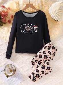 Girls Leopard Print, English Letter & Coffee Cup Graphic Snug Fit Pants, Animal Pattern Homewear - Multicolor - View 3