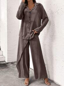 SHEIN LUNE 2 件套女士纯色宽松落肩长袖衬衫和阔腿裤休闲西装套装，春秋