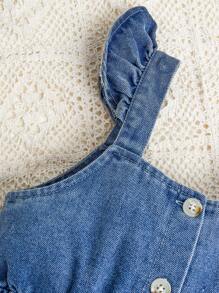 女童休闲宽松玫瑰红色爱心印花牛仔连体裤 - 中等水洗藍 - 查看 6