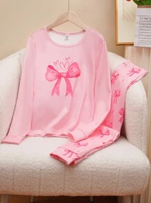 Tween Girl 紧身睡衣套装，带蝴蝶印花 - 长袖上衣和裤子 - 粉色 - 查看 3
