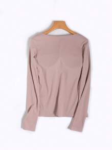 SHEIN BASICS Casual Solid Color Knit Long Sleeve Sweetheart Neck Fitted Women T-Shirt - Apricot - View 2