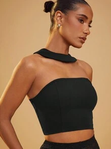 Hauture Top halter recortado y ajustado de unicolor a la moda - Negro - Ver 1