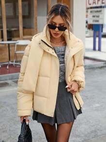 GENKIRA Áo khoác phao cổ cao rộng rãi màu trơn có mũ trùm đầu, áo khoác đệm đa năng thường ngày mùa đông - Màu be - Xem 5