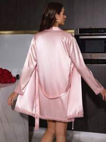 SilkySpell Satin Backless Tie-Up Sleep Dress And Belted Robe Sleepwear Pajama Set, Fall Winter Clothes - Dusty Pink - View 5