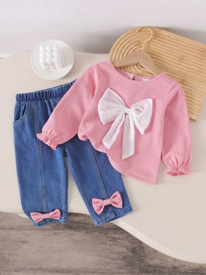 Souflis Souflis 2 件装女婴休闲可爱长袖上衣配蝴蝶结装饰和裤子套装，秋季