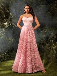 玫瑰花瓣设计无袖高低腰连衣裙、派对礼服、婚礼宾客礼服、正式礼服、晚礼服、长袍 - 粉色 - 查看 3