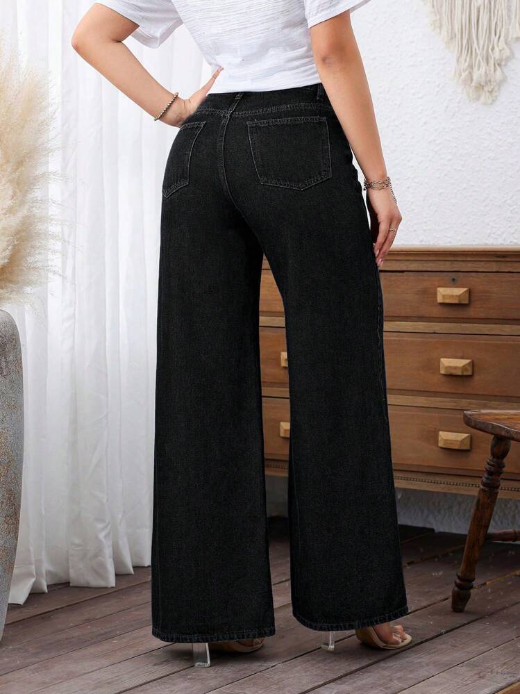 Casual Washed Wide Leg Jeans For Winter - Black - View 2