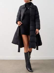 SHEIN Tall Zip-Up Belted A-Line Long Sleeve Winter Jacket - Black - View 3