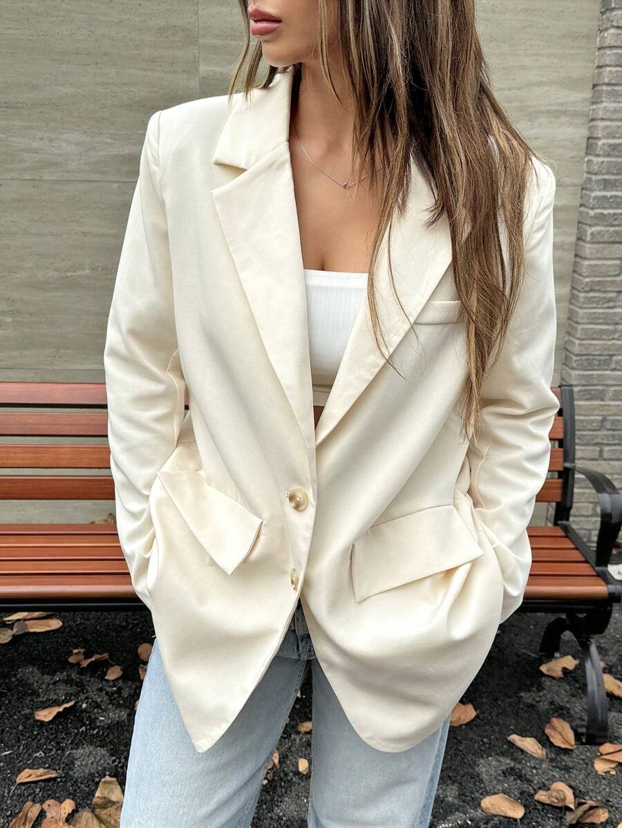 SHEIN EZwear Summer Outfits Lapel Neck Flap Detail Blazer - Apricot - View 1