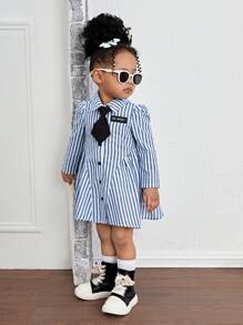 Bubblio Baby Girl Woven Long Sleeve Striped Collared Fitted Casual Dress (Tie Not Included) - Blue - View 3