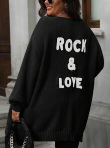 SHEIN LUNE 大码女式字母图案蝙蝠袖宽松休闲开衫，秋冬 - 黑色 - 查看 2