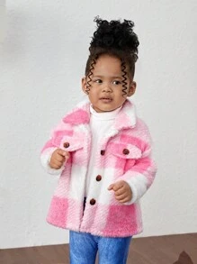 女婴毛绒格子翻领夹克，适合户外、秋冬季、圣诞节 - 粉色 - 查看 7