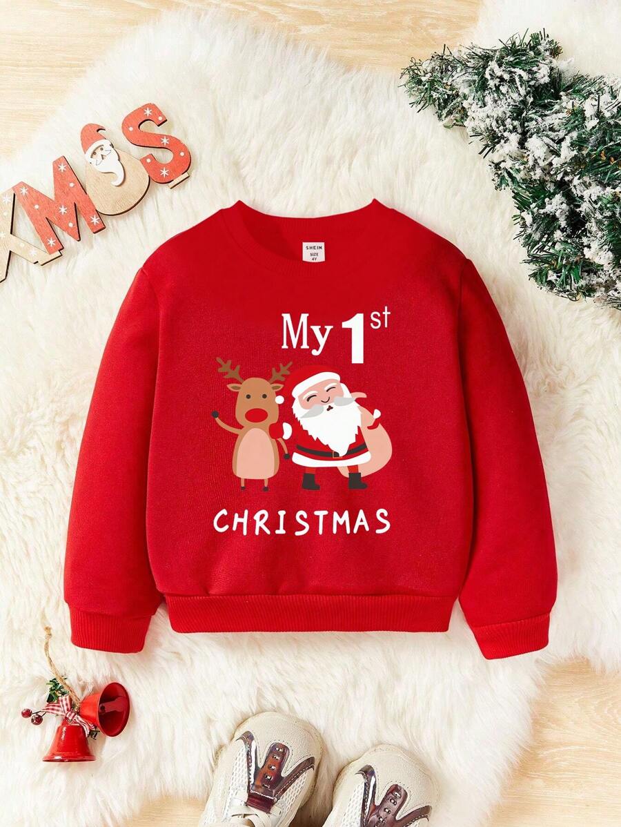 Áo nỉ cổ tròn in hình ông già Noel và tuần lộc cho bé trai - Đỏ - Xem 1