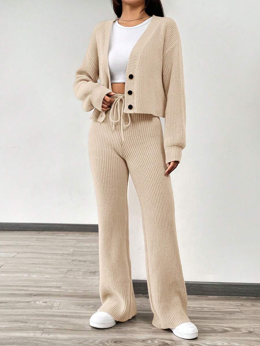 SHEIN EZwear 秋冬季女士休闲纯色长袖针织开衫两件套 - 卡其色 - 查看 1