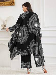 Modelyn Plus Size Swirl Print Jacket And Pants 2 Pieces Set, Casual, Autumn 2 Pieces Set - Black and White - View 4