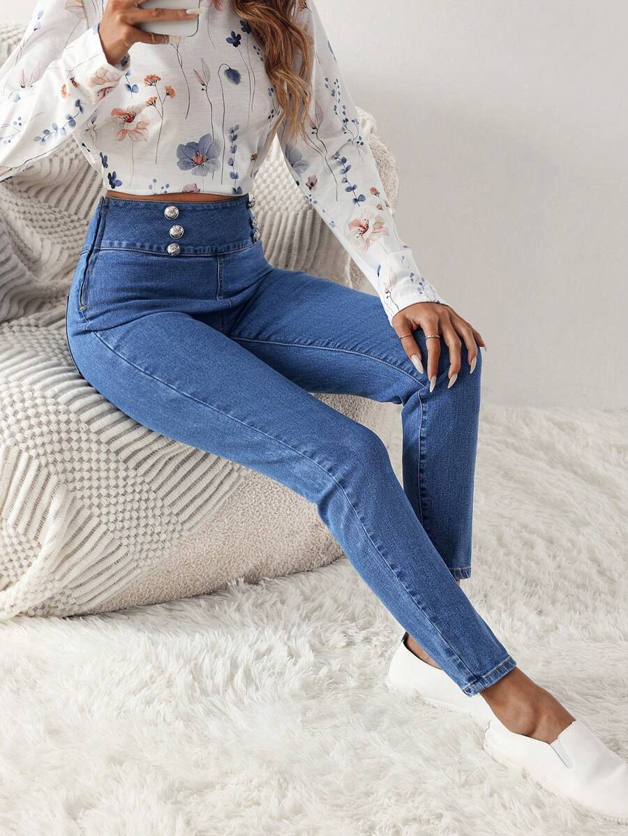 Quần Jeans Ôm Vừa Cạp Cao Khóa Kim Loại Thường Ngày Cho Nữ - Màu xanh lam - Xem 1