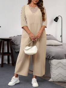 SHEIN LUNE Plus Size 2pcs Casual Striped Dropped Shoulder Top And Wide Leg Jumpsuit Set, Fabric For Summer