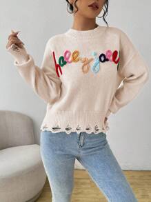 SHEIN Unity Sweater Rajut Kasual Wanita Lengan Panjang Leher Bulat dengan Motif Huruf dan Patchwork, Atasan Rajut Lengan Panjang untuk Musim Gugur dan Musim Dingin - Aprikot - View 7