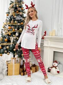 SHEIN Maternity Christmas Lettered Side Slit Long Sleeve Shirt And Christmas Red Leggings 2pcs Set, Autumn - Multicolor - View 3