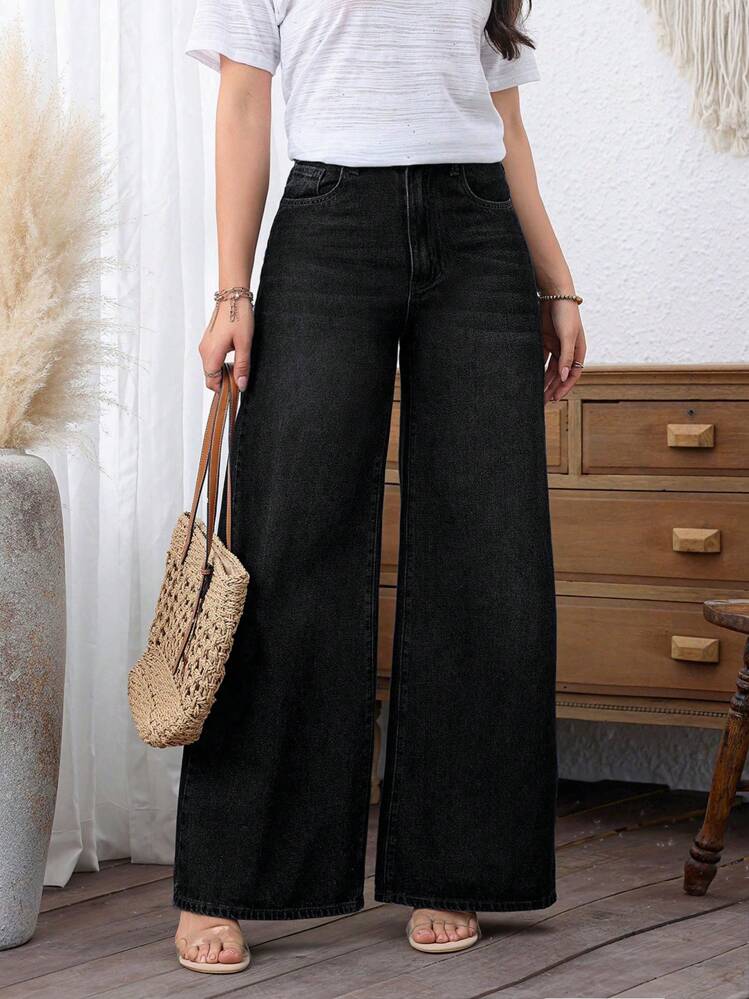 Casual Washed Wide Leg Jeans For Winter - Black - View 5