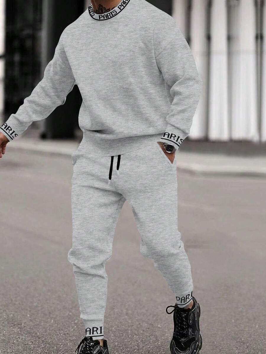 Manfinity Homme 2pcs Men's Casual Letter Pattern Sweatshirt And Sweatpants Set, Men Grey Sweatsuit, Men 2 Pieces Sweat Set, Men Jogging Suit - Grey - View 1