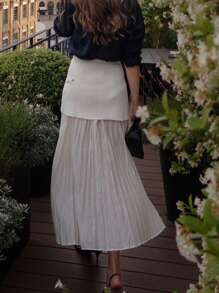 Pariaura Women Contrast Color Pleated Skirt, Elegant Design Suitable For Office Commute - White - View 2