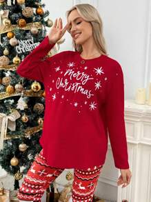 SHEIN Maternity Christmas Red Crewneck T-Shirt, For Fall Spring - Red - View 4