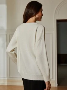 Aveloria Rosie Áo len dài tay dáng rộng, cổ tròn, kiểu Pháp, tay dài, thêu tay thủ công, đính ngọc trai giả và sequin, thích hợp cho mùa thu đông. - trắng - Xem 5