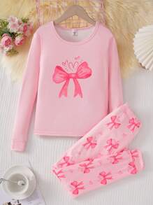 Tween Girl 紧身睡衣套装，带蝴蝶印花 - 长袖上衣和裤子 - 粉色 - 查看 4