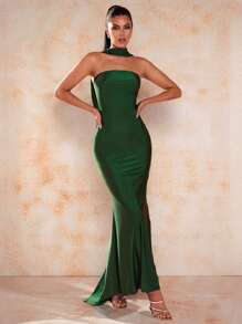 Glamine 绿色修身缎面领口露背后摆领前抹胸优雅迷人的鱼尾长款舞会舞会礼服