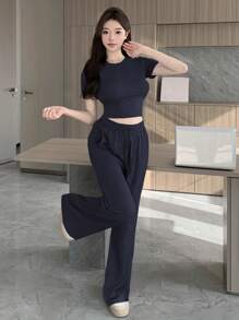 DAZY 女士休闲纯色短袖上衣和裤子两件套夏季短裤套装 - 藏蓝色 - 查看 3