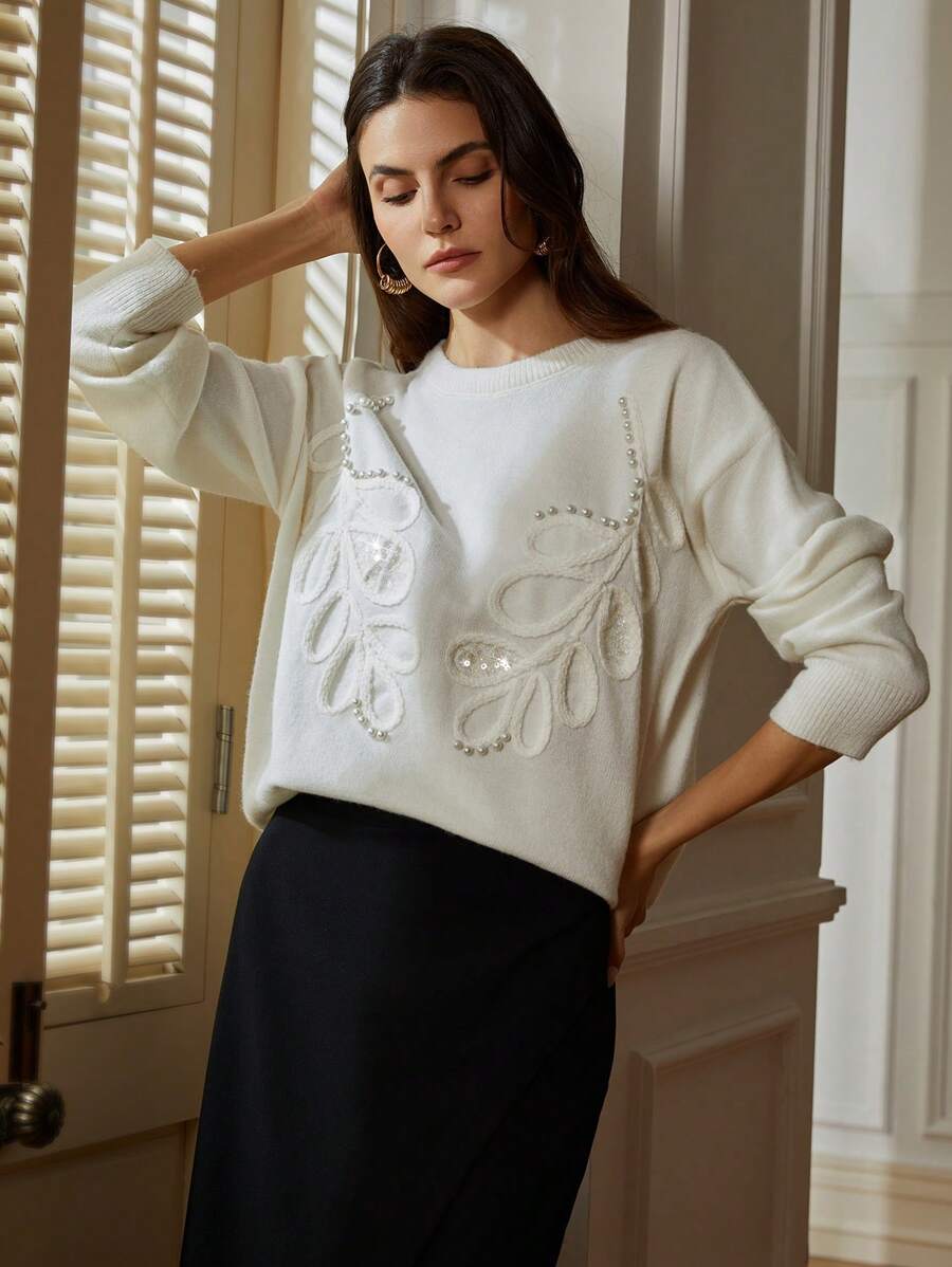 Aveloria Rosie Áo len dài tay dáng rộng, cổ tròn, kiểu Pháp, tay dài, thêu tay thủ công, đính ngọc trai giả và sequin, thích hợp cho mùa thu đông. - trắng - Xem 1