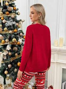 SHEIN Maternity Christmas Red Crewneck T-Shirt, For Fall Spring - Red - View 2