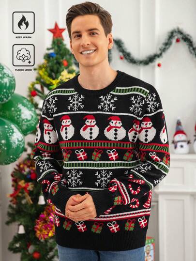 Manfinity Homme Men's Casual Christmas Snowman & Snowflake Pattern Knit Long Sleeve Graphic Colorful Pullover Sweater, For Party, Friends
