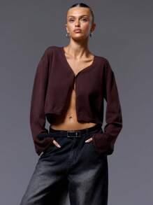 MUSERA Áo khoác cardigan tay dài móc khóa phong cách mùa xuân Y2K thập niên 90 dễ thương thường ngày - Màu nâu Sô-cô-la - Xem 1