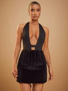 Hauture Super Deep Plunge Halter Open Back Fuzzy Dress
