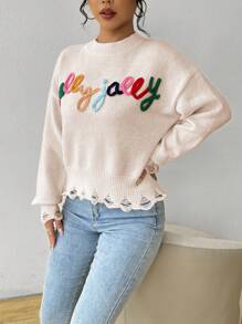 SHEIN Unity Sweater Rajut Kasual Wanita Lengan Panjang Leher Bulat dengan Motif Huruf dan Patchwork, Atasan Rajut Lengan Panjang untuk Musim Gugur dan Musim Dingin - Aprikot - View 4