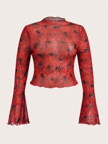 SHEIN SXY 加大码女式万圣节性感黑红撞色蜘蛛网网纱印花喇叭袖透视上衣，适合秋冬季节、约会之夜、生日、单身派对、休闲、购物、街头风、外出等场合，易于搭配，显瘦，凸显身材，万圣节必备。 - 紅色和黑色 - 查看 10