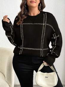 Elenzga Áo len dệt kim dáng rộng kẻ caro cổ tròn vai rớt cho nữ cỡ lớn, thích hợp cho mùa thu/đông. - màu đen - Xem 3