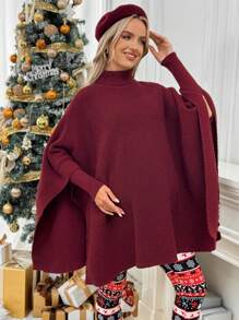 SHEIN Maternity High-Neck Batwing Sleeve Solid Color Casual Sweater - Burgundy - View 5