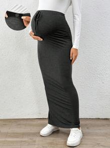 SHEIN 孕妇秋季休闲纯色修身长裙 - 深灰色 - 查看 1