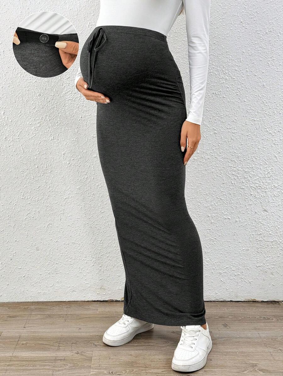 SHEIN 孕妇秋季休闲纯色修身长裙 - 深灰色 - 查看 1