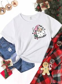Áo phông in chữ cơ bản cỡ lớn họa tiết ô vuông, tia chớp và ông già Noel cho bé gái tuổi mới lớn - trắng - Xem 3