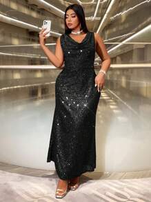 SHEIN Belle 加大码优雅闪亮围脖领无袖连衣裙，秋季节日派对服装超长亮片女装 - 黑色 - 查看 3